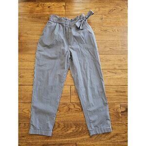 Zara Basic Blue & White Gingham High Rise Paperbag Tie Waist Trouser. Size S